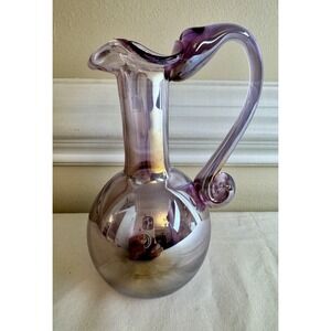 Studio Art Glass Pitcher Iridescent Purple Hand Blown Joe Deanda Dollywood-READ